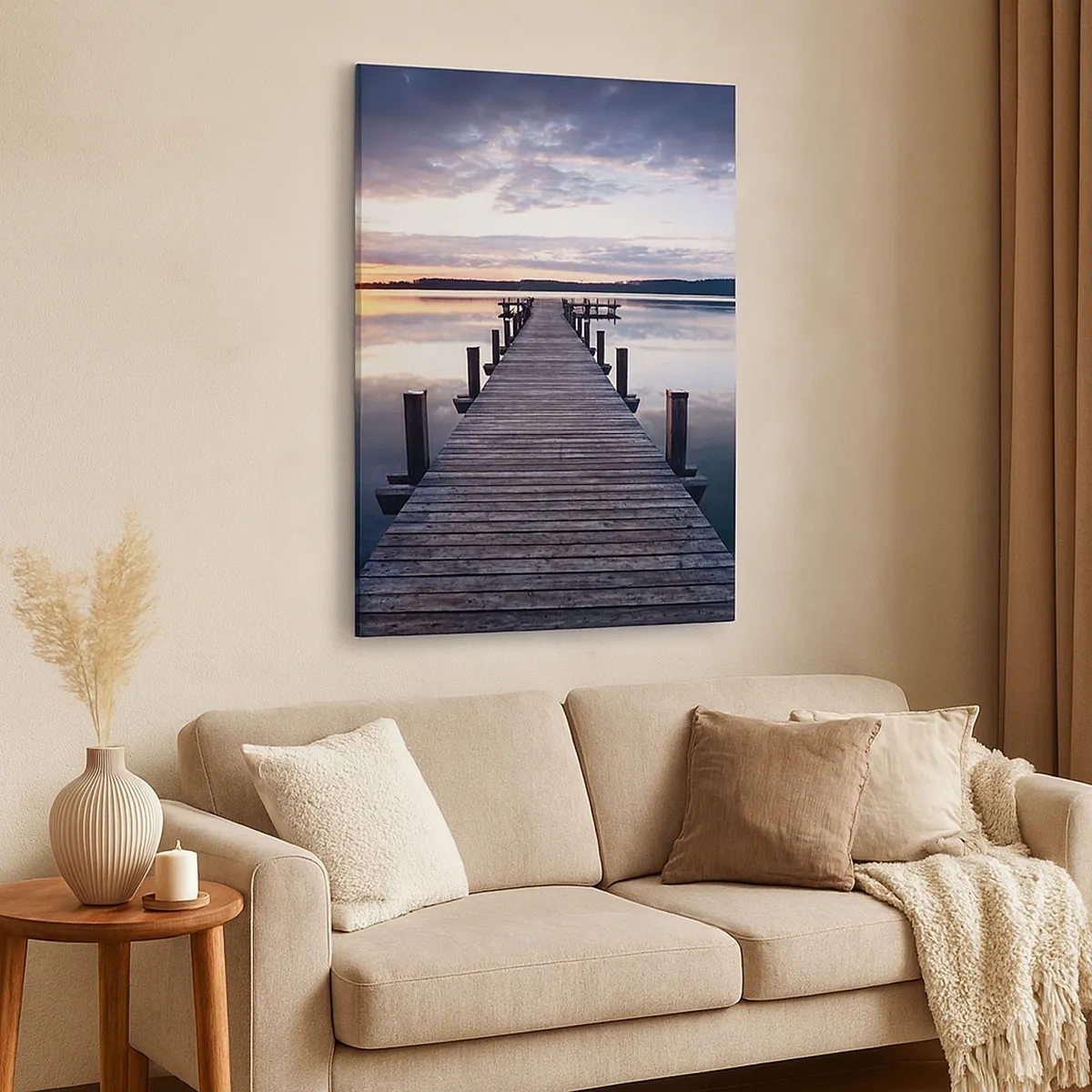 Bild auf Leinwand - Leinwandbild - Ein Pier an einem See bei Sonnenuntergang in einer friedlichen Landschaft - 50x70cm - Eine stille Grenze zwischen Tag und Nacht - Moderne Wanddekoration für Wohnzimmer und Schlafzimmer ARTTOR