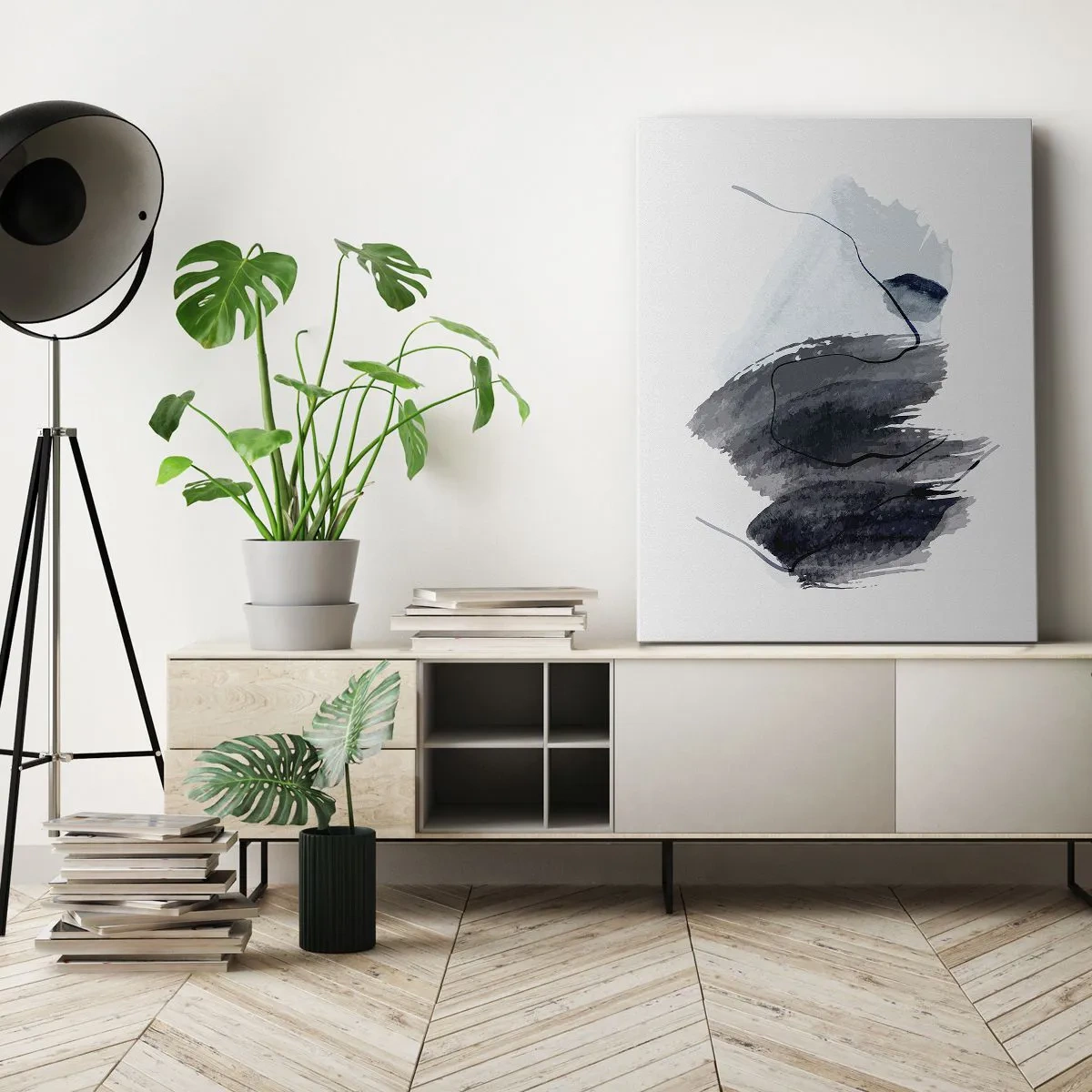 Bild auf Leinwand - Leinwandbild - Abstrakte Komposition in Grau- und Blautönen - 50x70cm - Intensität und Bewegung - Moderne Wanddekoration für Wohnzimmer und Schlafzimmer ARTTOR