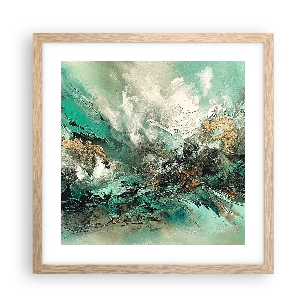 Poster in einem Rahmen aus heller Eiche - Smaragdgrüne und schwarze Brandung - 40x40 cm