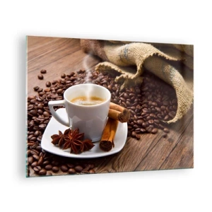 Glasbild - Bild auf glas - Eine Tasse Kaffee mit Zimt und Kaffeebohnen auf einem Holztisch - 70x50cm - Würziger Geschmack und Aroma - Moderne Wanddekoration für Wohnzimmer und Schlafzimmer ARTTOR