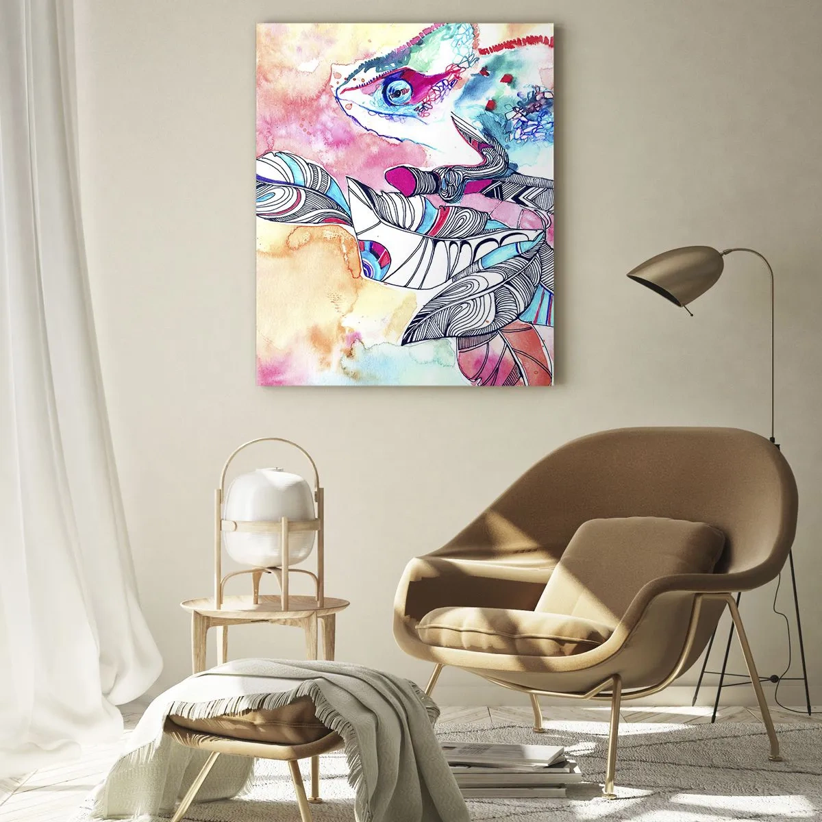 Glasbild - Bild auf glas - Buntes Chamäleon auf abstraktem Blätterhintergrund - 70x100cm - So bunt wie unsere Welt - Moderne Wanddekoration für Wohnzimmer und Schlafzimmer ARTTOR