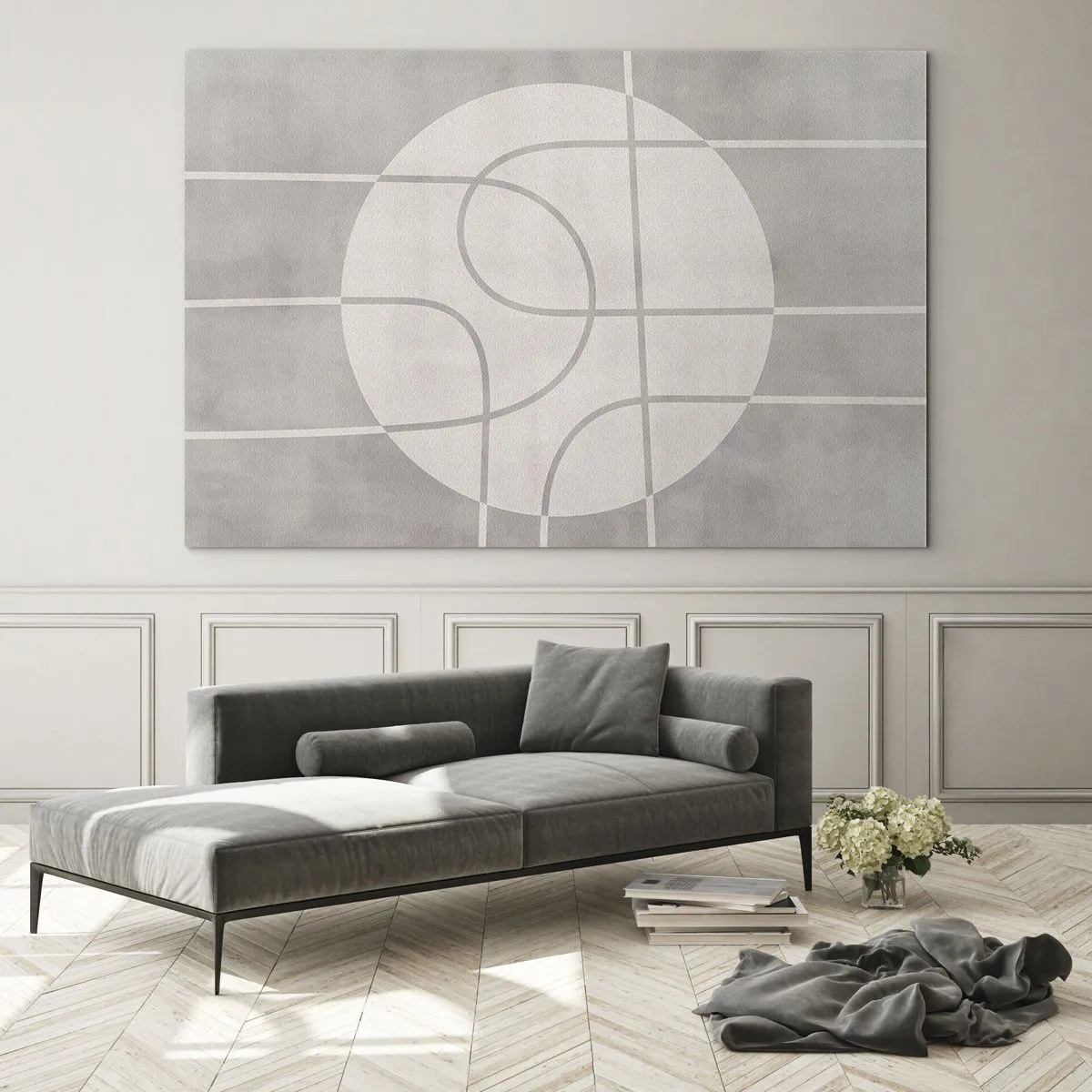 Glasbild - Bild auf glas - Beige Linien und Kreise bilden eine geometrische Komposition - 120x80cm - Kreisförmig und geradeaus - Moderne Wanddekoration für Wohnzimmer und Schlafzimmer ARTTOR