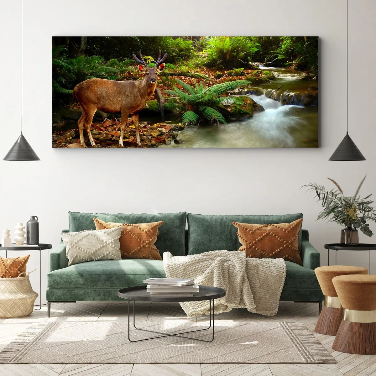 Bild auf Leinwand - Leinwandbild - Ein Reh an einem Bach, umgeben von Grün im Wald - 160x50cm - Willkommen in meiner Welt - Moderne Wanddekoration für Wohnzimmer und Schlafzimmer ARTTOR