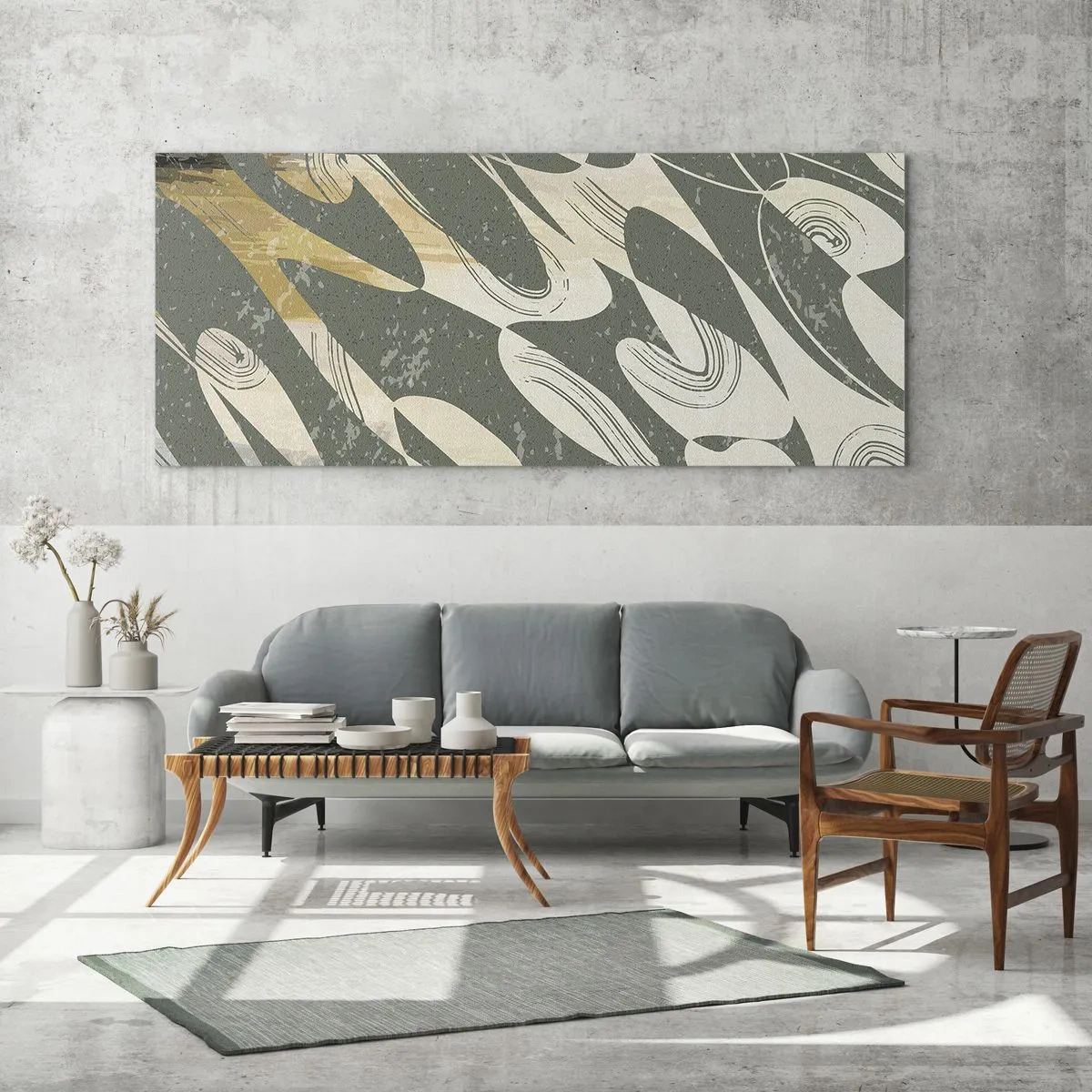 Glasbild - Bild auf glas - Dynamische Formen in Grün- und Goldtönen - 120x50cm - Rhythmische Abstraktion - Moderne Wanddekoration für Wohnzimmer und Schlafzimmer ARTTOR