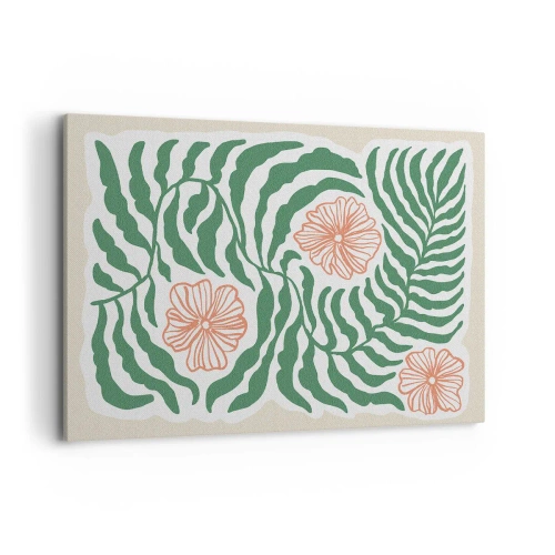 Bild auf Leinwand - Leinwandbild - Ein minimalistisches Motiv aus grünen Blättern mit Blüten in Orangetönen. - 100x70cm - Aufgeblüht in Grün - Moderne Wanddekoration für Wohnzimmer und Schlafzimmer ARTTOR
