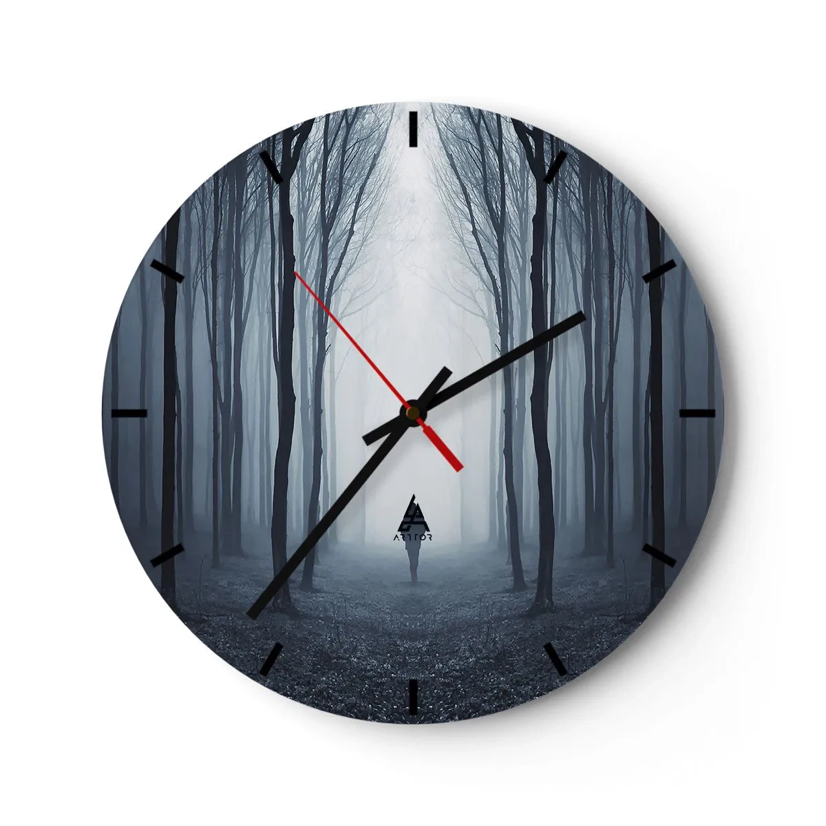 Wanduhr - Glasuhr - Ein dunkler Wald im Nebel mit einer mysteriösen Gestalt - 30x30cm - Alles einfach und übersichtlich - Moderne Wanddekoration für Wohnzimmer, Küche und Schlafzimmer ARTTOR