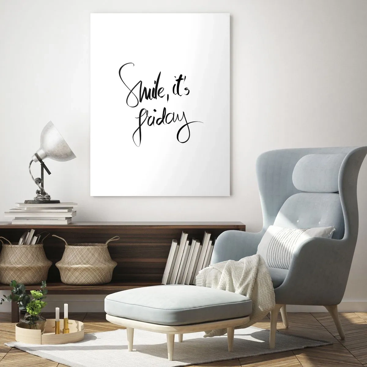 Glasbild - Bild auf glas - Lächeln, es ist Freitag Zitat in Kalligraphie - 50x70cm - Echte Freude - Moderne Wanddekoration für Wohnzimmer und Schlafzimmer ARTTOR