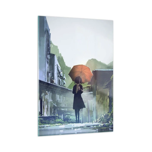 Glasbild - Bild auf glas - Eine Figur mit einem orangefarbenen Regenschirm auf einer verregneten Straße - 50x70cm - Belebender Regen - Moderne Wanddekoration für Wohnzimmer und Schlafzimmer ARTTOR