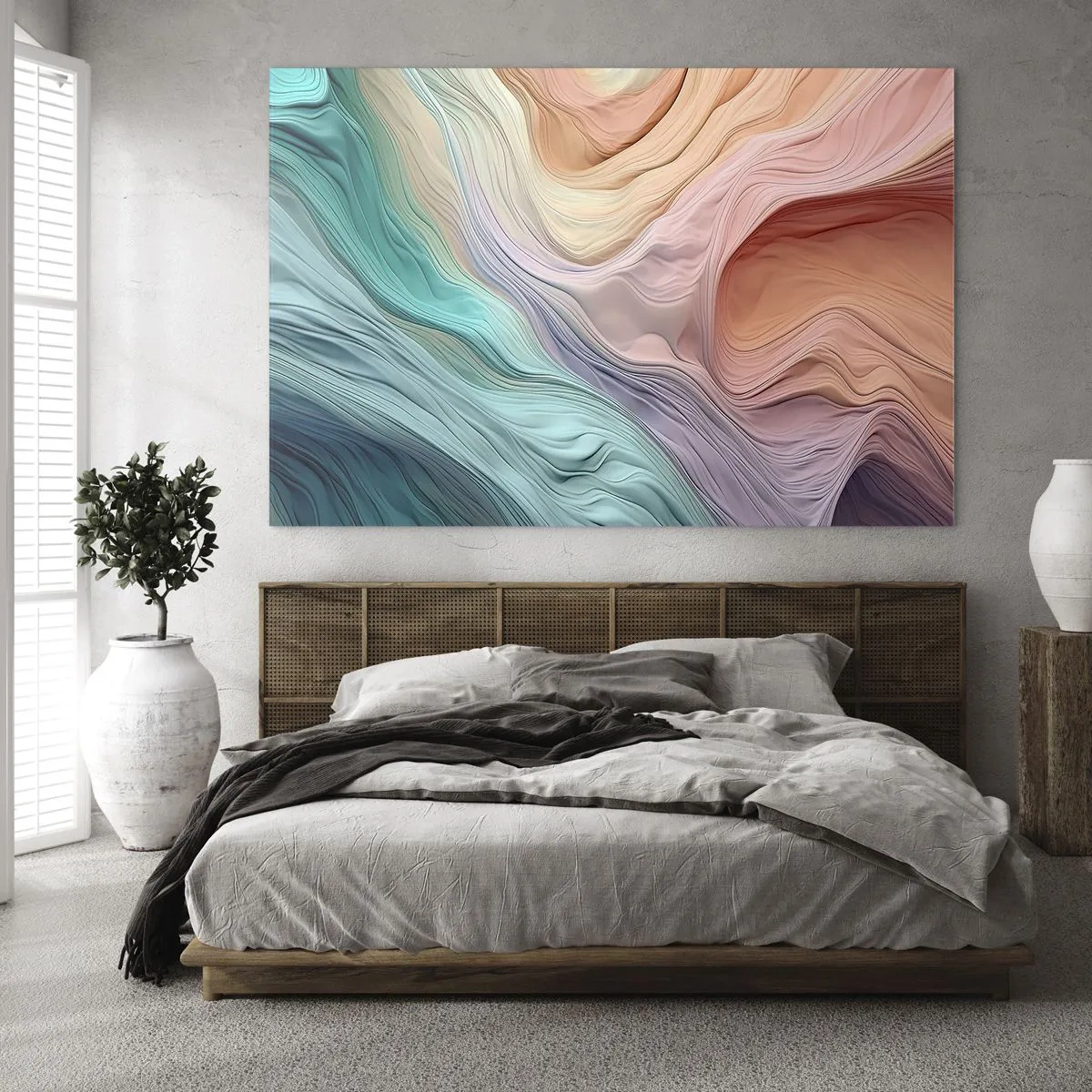 Glasbild - Bild auf glas - Eine farbenfrohe Abstraktion, die an Wellen und Felsen erinnert - 70x50cm - Regenbogenwelle - Moderne Wanddekoration für Wohnzimmer und Schlafzimmer ARTTOR