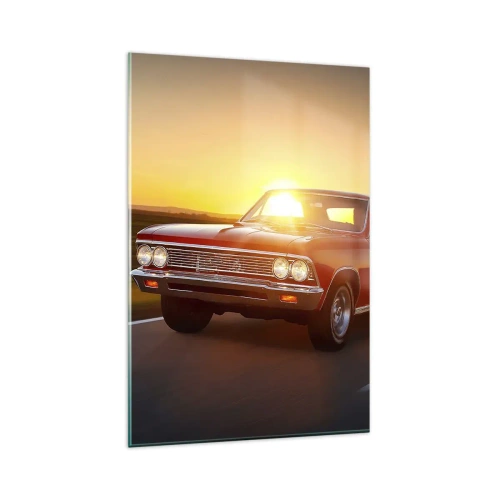 Glasbild - Bild auf glas - Ein rotes Auto in der untergehenden Sonne auf einer offenen Straße - 80x120cm - Begehren ist rot - Moderne Wanddekoration für Wohnzimmer und Schlafzimmer ARTTOR