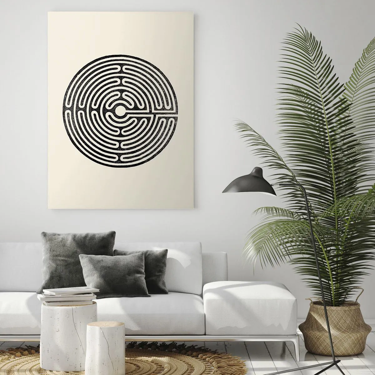 Glasbild - Bild auf glas - Schwarz-weißes kreisförmiges Labyrinth auf hellem Hintergrund - 80x120cm - Geheimnisvolle Ordnung - Moderne Wanddekoration für Wohnzimmer und Schlafzimmer ARTTOR