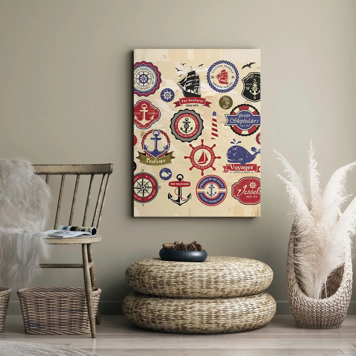 Bild auf Leinwand - Leinwandbild - Eine Sammlung nautischer Grafiken und Symbole auf hellem Hintergrund - 70x100cm - Segelbruderschaft - Moderne Wanddekoration für Wohnzimmer und Schlafzimmer ARTTOR