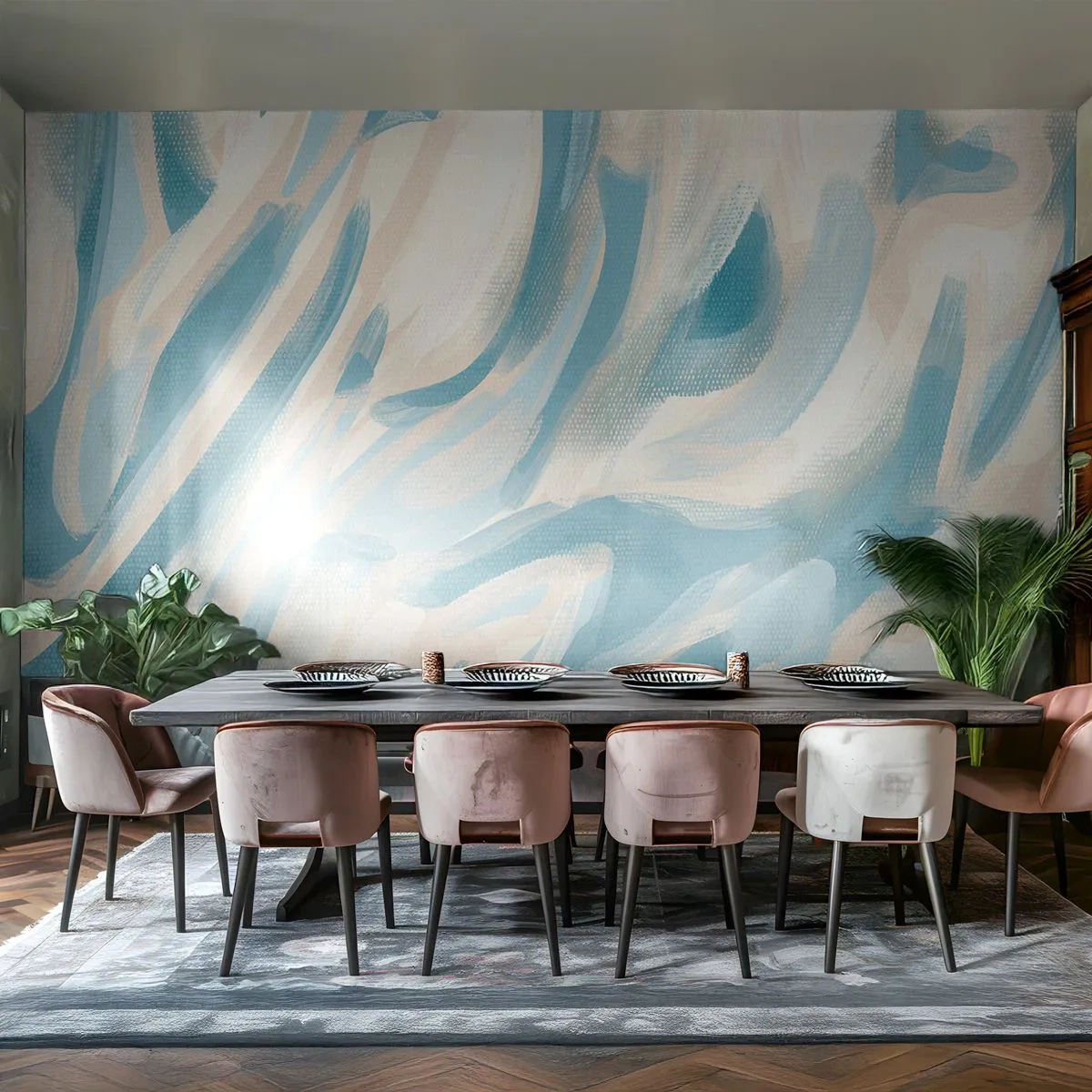 Fototapete Premium Canvas - Abstrakte blaue Streifen auf hellem Hintergrund - 100x70cm - Frühlingsbrisen - Moderne Wanddekoration für Wohnzimmer und Schlafzimmer ARTTOR