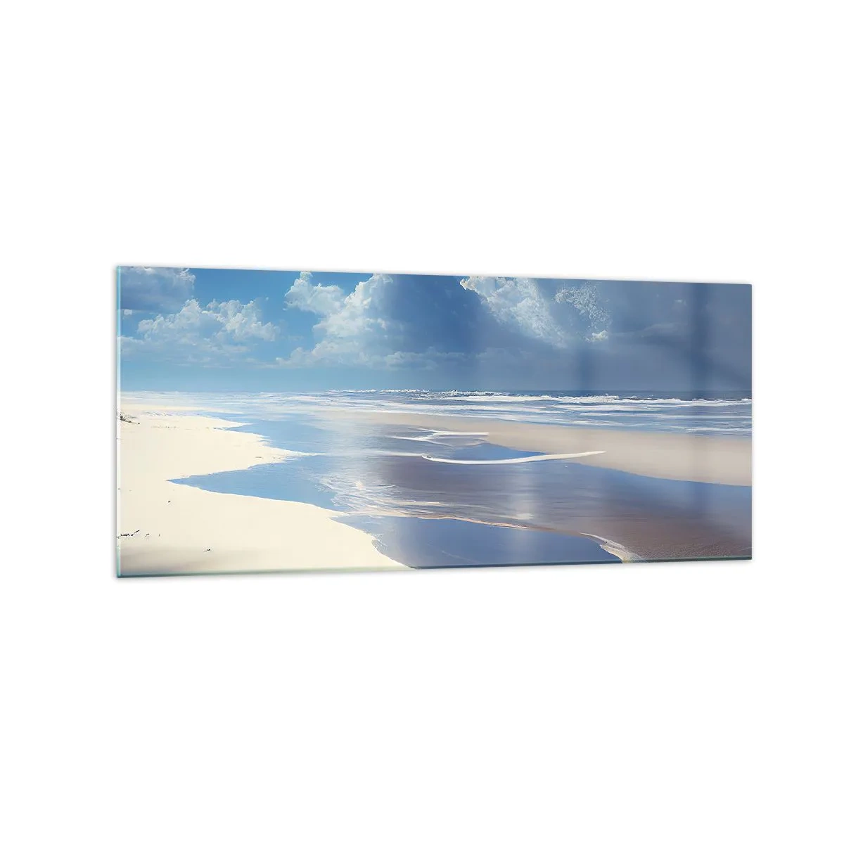 Glasbild - Bild auf glas - Ein Sandstrand mit Wellen unter blauem Himmel - 120x50cm - Paradiesischer Urlaub - Moderne Wanddekoration für Wohnzimmer und Schlafzimmer ARTTOR