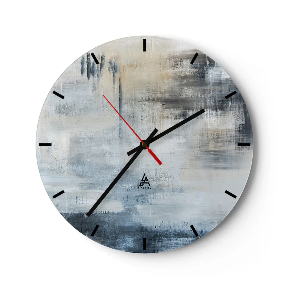 Wanduhr - Glasuhr - Abstrakte Komposition in Grau- und Beigetönen - 30x30cm - Hinter dem blauen Vorhang - Moderne Wanddekoration für Wohnzimmer, Küche und Schlafzimmer ARTTOR