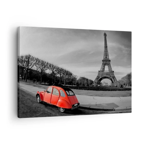 Bild auf Leinwand - Leinwandbild - Ein rotes Auto mit dem Eiffelturm im Hintergrund in einer schwarz-weißen Landschaft - 70x50cm - Pariser als Paris selbst - Moderne Wanddekoration für Wohnzimmer und Schlafzimmer ARTTOR