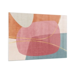 Glasbild - Bild auf glas - Pastellfarbene Formen mit sich kreuzenden goldenen Linien - 100x70cm - Pastellkomposition mit Goldfaden - Moderne Wanddekoration für Wohnzimmer und Schlafzimmer ARTTOR