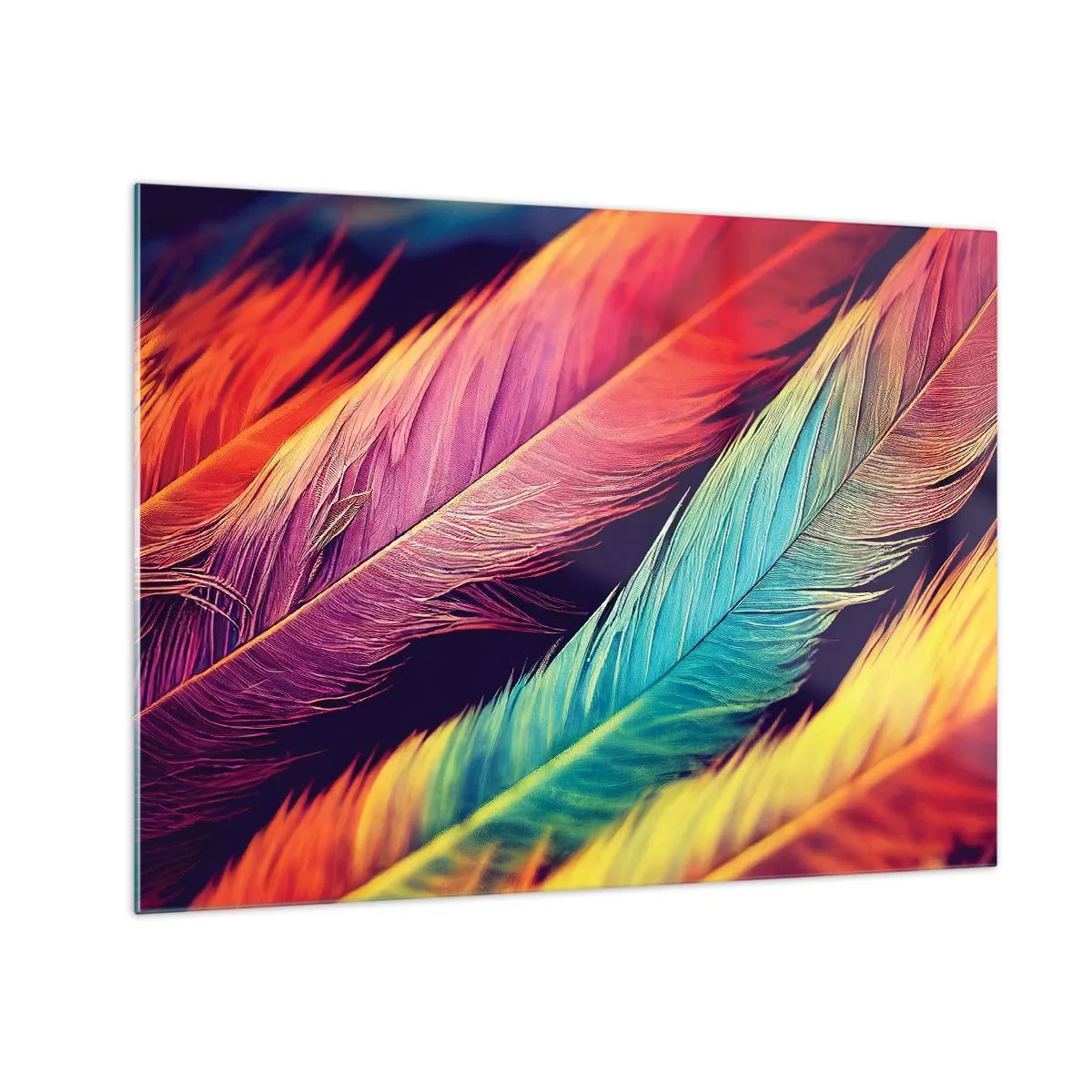 Glasbild - Bild auf glas - Bunte Federn in intensiven Regenbogentönen - 70x50cm - Gefiederter Regenbogen - Moderne Wanddekoration für Wohnzimmer und Schlafzimmer ARTTOR
