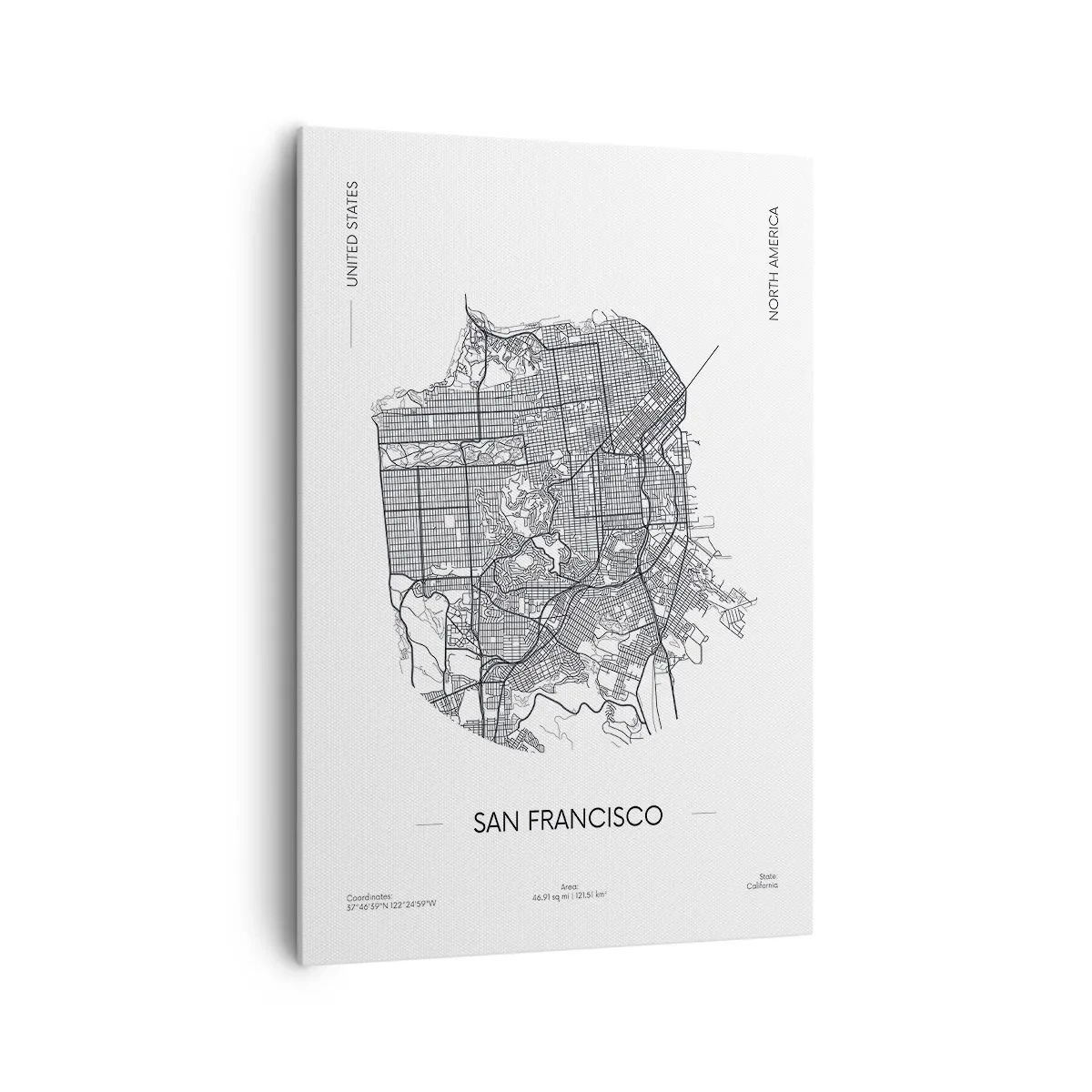 Bild auf Leinwand - Leinwandbild - Eine Karte von San Francisco im minimalistischen Schwarz-Weiß-Stil. - 70x100cm - Anatomie von San Francisco - Moderne Wanddekoration für Wohnzimmer und Schlafzimmer ARTTOR