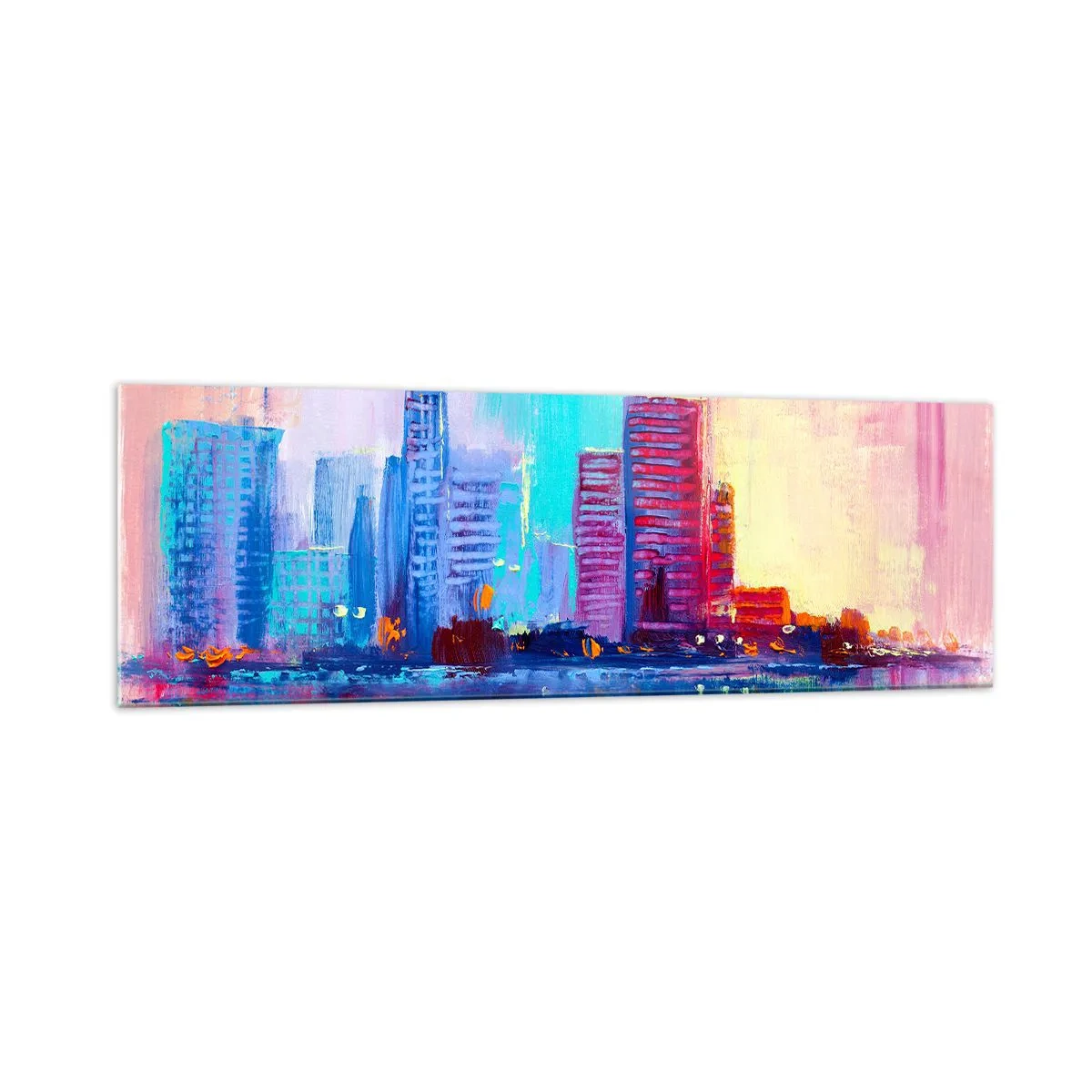 Glasbild - Bild auf glas - Ein farbenfrohes Panorama der Stadt im Aquarellstil - 160x50cm - In Farben getaucht - Moderne Wanddekoration für Wohnzimmer und Schlafzimmer ARTTOR
