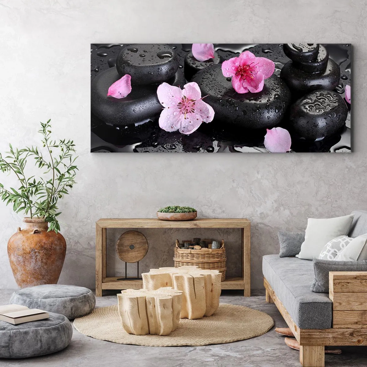 Bild auf Leinwand - Leinwandbild - Schwarze Steine und rosa Blumen im Spa-Stil - 140x50cm - Und der Stein fällt vom Herzen - Moderne Wanddekoration für Wohnzimmer und Schlafzimmer ARTTOR