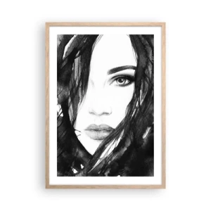 Poster in einem Rahmen aus heller Eiche - Porträt einer Dame in Schwarzweiß - 50x70 cm