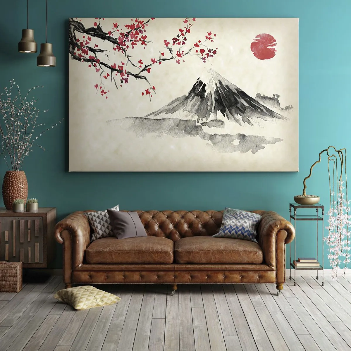 Bild auf Leinwand - Leinwandbild - Eine malerische Landschaft mit einem Berg, Kirschblüten und Sonnenschein - 120x80cm - Liebe Japan - Moderne Wanddekoration für Wohnzimmer und Schlafzimmer ARTTOR