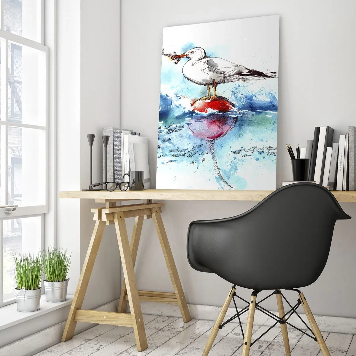 Glasbild - Bild auf glas - Eine Möwe auf einer Boje mit einem Fisch im Hintergrund der Meereswellen - 50x70cm - Erfolgreicher Fang - Moderne Wanddekoration für Wohnzimmer und Schlafzimmer ARTTOR