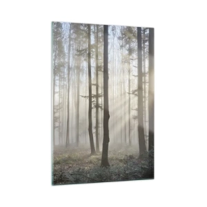 Glasbild - Bild auf glas - Morgensonnenstrahlen durchdringen den nebligen Wald - 50x70cm - Der Nebel ist auch aufgewacht - Moderne Wanddekoration für Wohnzimmer und Schlafzimmer ARTTOR