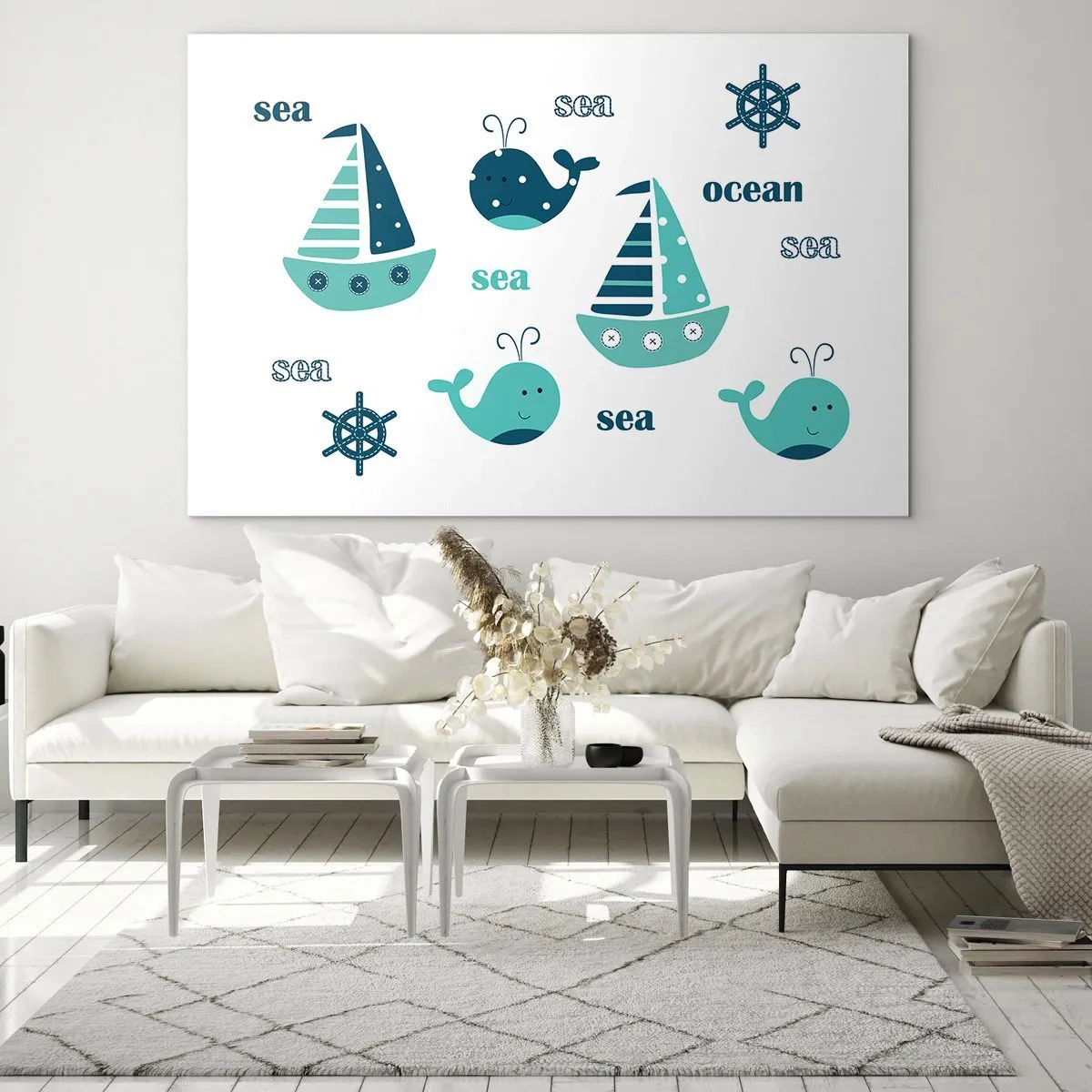 Glasbild - Bild auf glas - Nautisches Thema mit Segelbooten und Walen - 70x50cm - Über die Meere und Ozeane - Moderne Wanddekoration für Wohnzimmer und Schlafzimmer ARTTOR