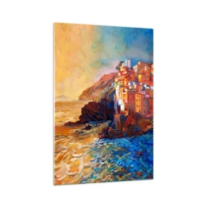 Glasbild - Bild auf glas - Bunte Häuser auf einer Klippe über dem Meer - 70x100cm - Italienische Atmosphäre - Moderne Wanddekoration für Wohnzimmer und Schlafzimmer ARTTOR