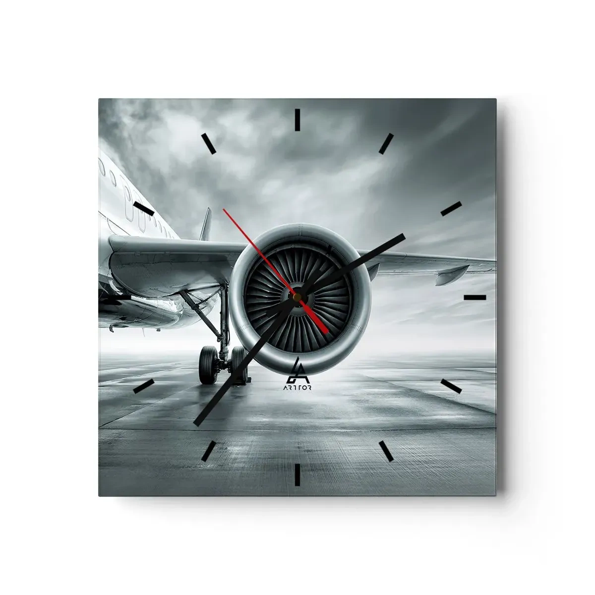 Wanduhr - Glasuhr - Das Düsentriebwerk eines Flugzeugs auf dem Rollfeld - 30x30cm - Die Macht ist da! - Moderne Wanddekoration für Wohnzimmer und Schlafzimmer ARTTOR