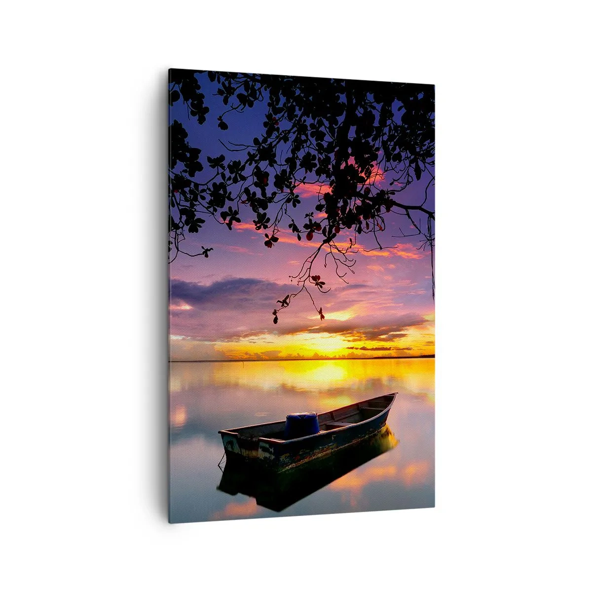 Bild auf Leinwand - Leinwandbild - Ein Boot auf ruhigem Wasser bei Sonnenuntergang - 80x120cm - Du scheinst mitten am Himmel zu hängen... - Moderne Wanddekoration für Wohnzimmer und Schlafzimmer ARTTOR