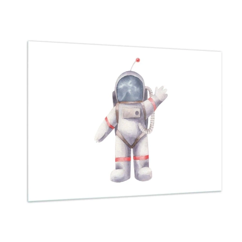 Glasbild - Bild auf glas - Astronaut winkt im Weltraum - 100x70cm - Bis dann! - Moderne Wanddekoration für Wohnzimmer und Schlafzimmer ARTTOR