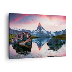 Bild auf Leinwand - Leinwandbild - Ein Berggipfel spiegelt sich bei Sonnenuntergang in einem See - 70x50cm - Das Herz der Berge ist heiß - Moderne Wanddekoration für Wohnzimmer und Schlafzimmer ARTTOR