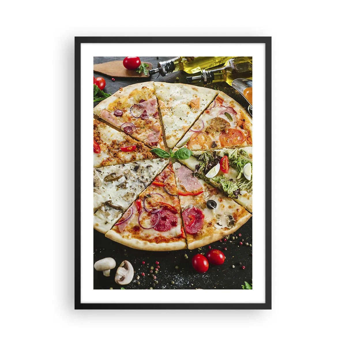 Poster in einem schwarzem Rahmen - Bunte Pizza in verschiedene Stücke aufgeteilt - 50x70cm - Eine Reihe von Geschmacksrichtungen - Moderne Wanddekoration für Wohnzimmer und Schlafzimmer ARTTOR