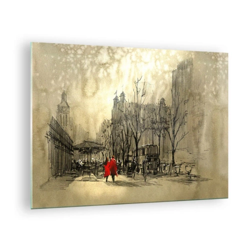 Glasbild - Bild auf glas - Ein Date im Londoner Nebel mit einem roten Mantel-Akzent - 70x50cm - Ein Date im Londoner Nebel - Moderne Wanddekoration für Wohnzimmer und Schlafzimmer ARTTOR