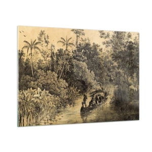 Glasbild - Bild auf glas - Retro-Druck, der eine Reise durch den Dschungel darstellt - 100x70cm - Expedition zur Quelle - Moderne Wanddekoration für Wohnzimmer und Schlafzimmer ARTTOR