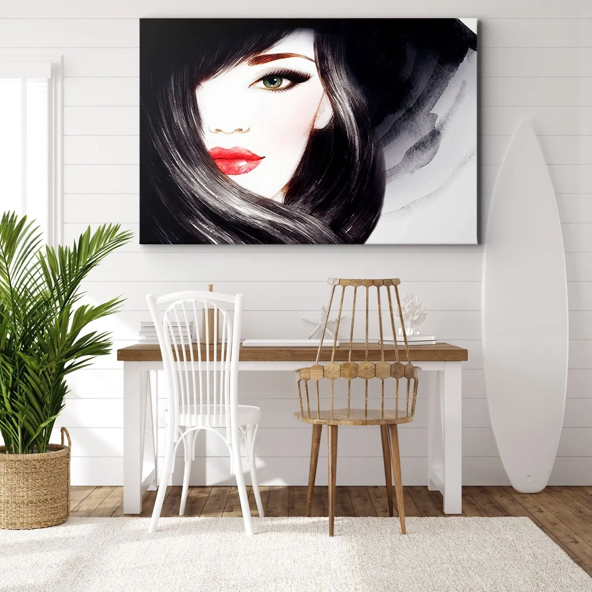 Bild auf Leinwand - Leinwandbild - Porträt einer Frau mit ausdrucksstarkem Blick und roten Lippen - 70x50cm - Saphir-Optik - Moderne Wanddekoration für Wohnzimmer und Schlafzimmer ARTTOR