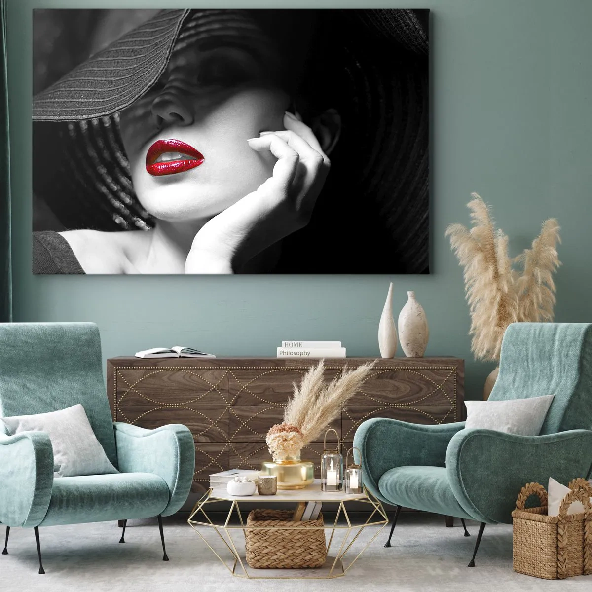 Bild auf Leinwand - Leinwandbild - Schwarz-Weiß-Porträt einer Frau mit roten Lippen - 70x50cm - Eine Studie in Scharlachrot - Moderne Wanddekoration für Wohnzimmer und Schlafzimmer ARTTOR