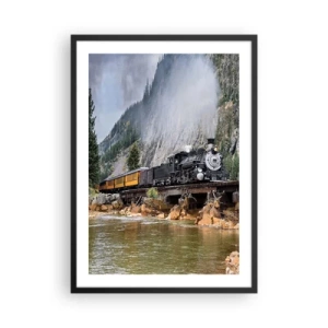 Poster in einem schwarzem Rahmen - Eine Dampflokomotive auf einer Brücke, umgeben von Bergen und einem Fluss in einer malerischen Landschaft. - 50x70cm - Wo willst du hin? Wohin? - Moderne Wanddekoration für Wohnzimmer und Schlafzimmer ARTTOR