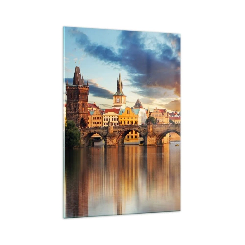 Glasbild - Bild auf glas - Die historische Brücke über den Fluss im Licht der untergehenden Sonne - 70x100cm - Schön seit Ewigkeiten - Moderne Wanddekoration für Wohnzimmer und Schlafzimmer ARTTOR