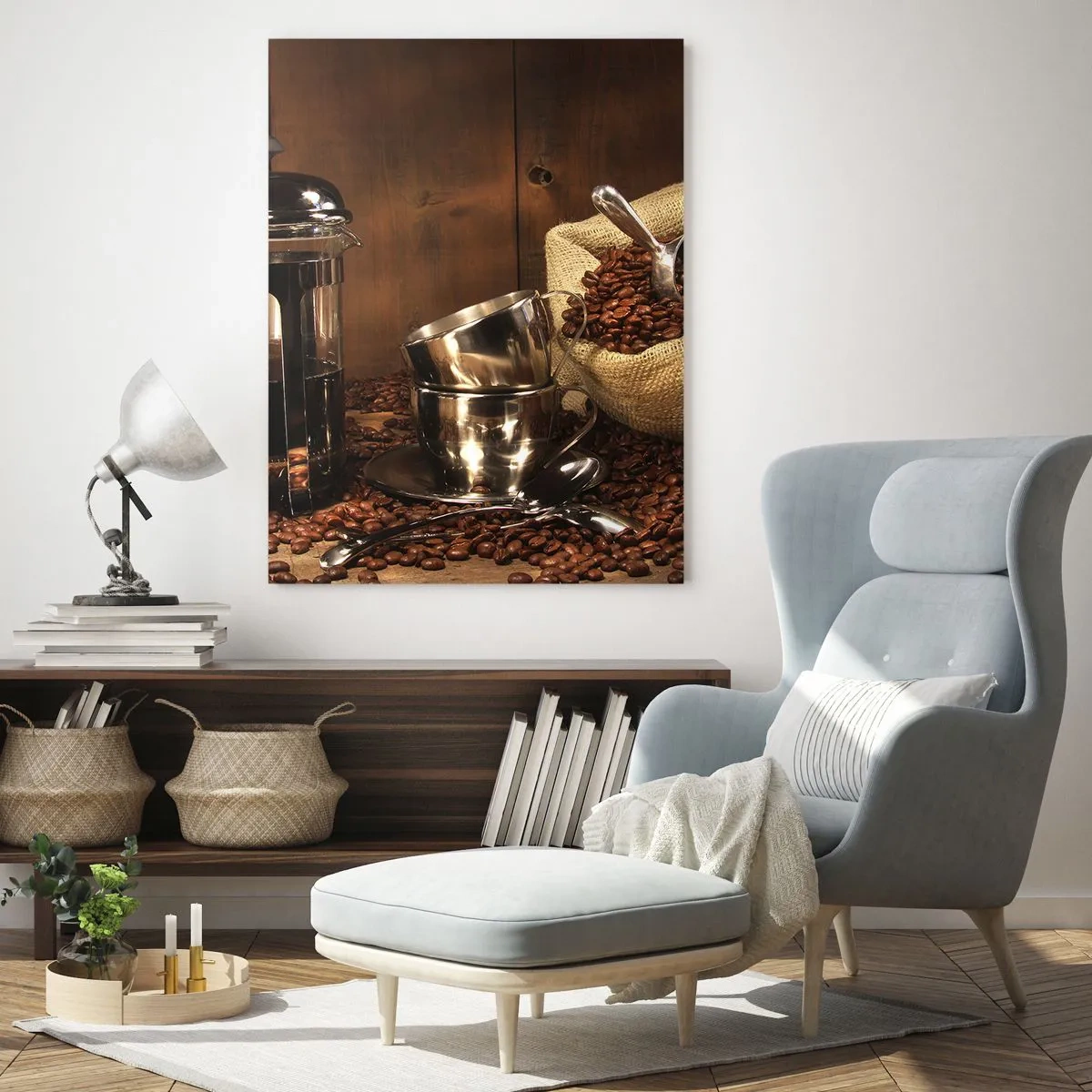 Glasbild - Bild auf glas - Kaffeemaschine, Tassen und eine Tüte Kaffeebohnen - 50x70cm - Der Charme des Kaffees - Aroma und Geschmack - Moderne Wanddekoration für Wohnzimmer und Schlafzimmer ARTTOR