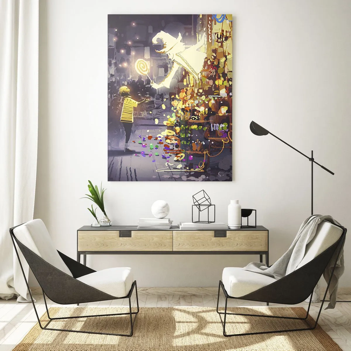 Glasbild - Bild auf glas - Eine Märchenfigur und ein Kind auf einer Straße voller Lichter und Magie - 70x100cm - Magie ist da - Moderne Wanddekoration für Wohnzimmer und Schlafzimmer ARTTOR