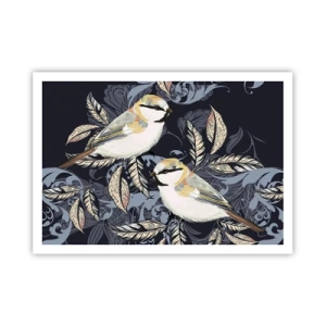 Poster - Vögel auf Zweigen vor ornamentalem Hintergrund - 100x70cm - Gelb-blauer Triller - Moderne Wanddekoration für Wohnzimmer und Schlafzimmer ARTTOR