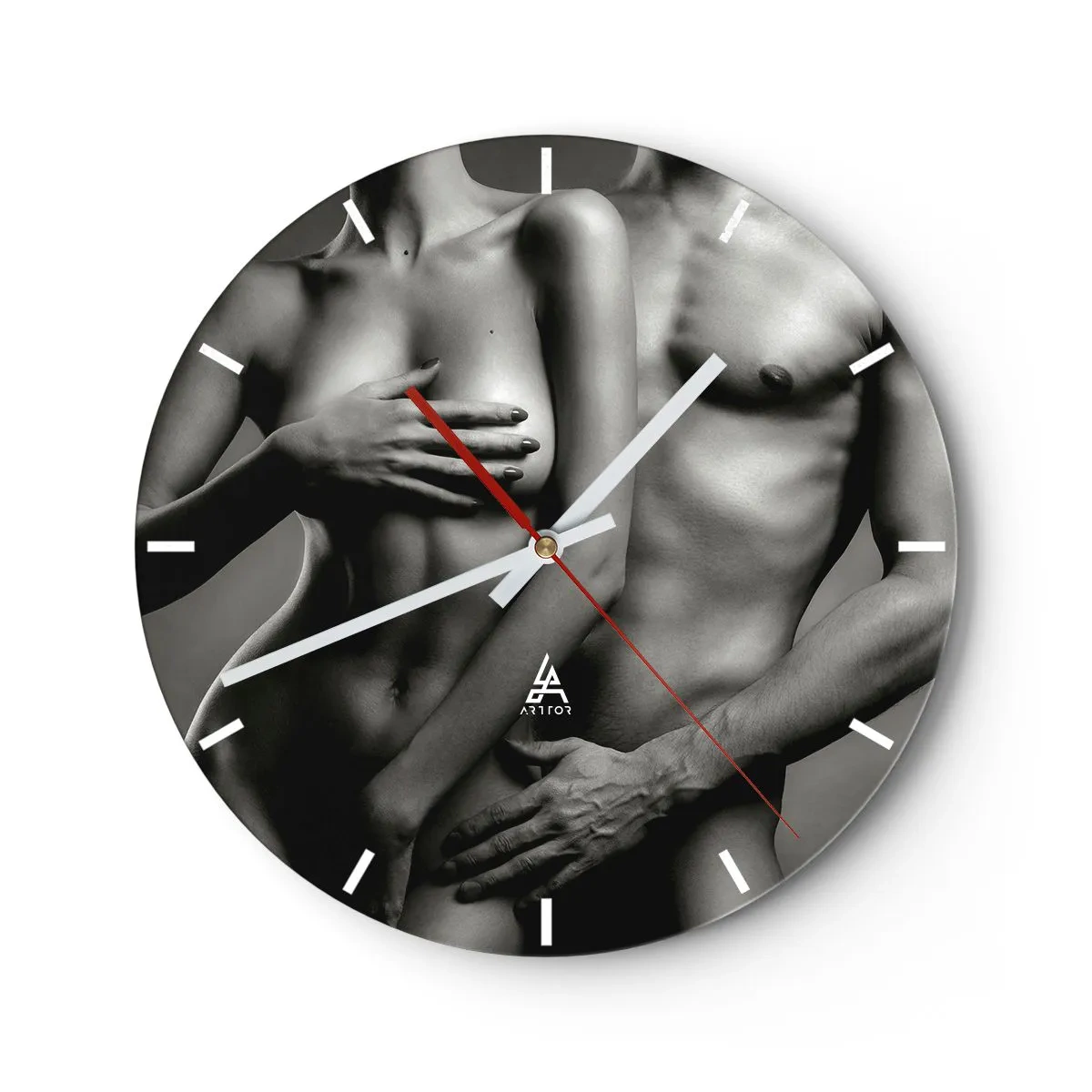 Wanduhr - Glasuhr - Künstlerischer Akt in Schwarz-Weiß-Tönen - 30x30cm - Adam und Ewa - Moderne Wanddekoration für Wohnzimmer, Küche und Schlafzimmer ARTTOR