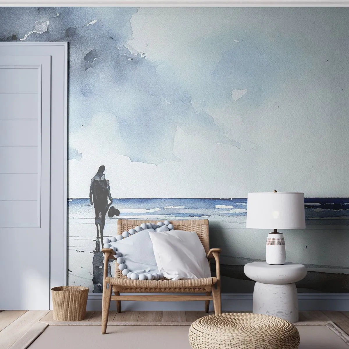 Fototapete Premium Sand - Eine einsame Gestalt vor dem Hintergrund eines ruhigen Meeres und Himmels - 100x70cm - Gespräch mit dem Meer - Moderne Wanddekoration für Wohnzimmer und Schlafzimmer ARTTOR