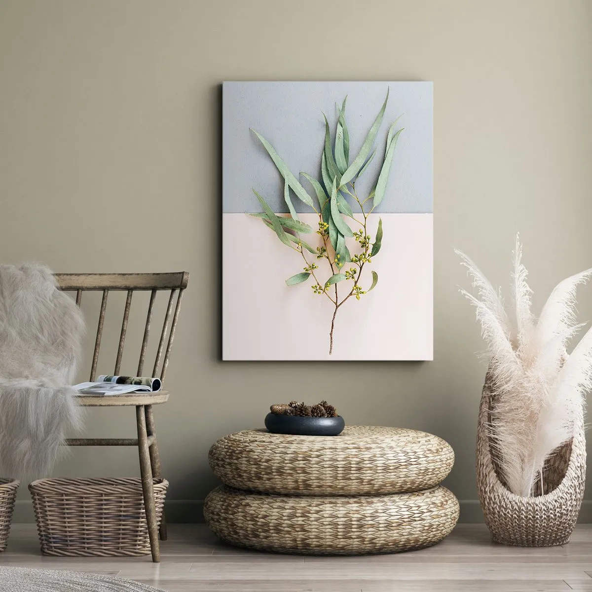 Bild auf Leinwand - Leinwandbild - Ein Zweig mit Blättern auf einem Hintergrund in Pastelltönen - 70x100cm - Pastellige Subtilität - Moderne Wanddekoration für Wohnzimmer und Schlafzimmer ARTTOR