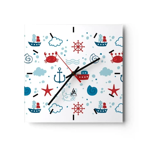 Wanduhr - Glasuhr - Nautisches Muster mit Ankern, Schiffen und Krabben - 30x30cm - Märchen vom Meer - Moderne Wanddekoration für Wohnzimmer und Schlafzimmer ARTTOR