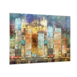 Glasbild - Bild auf glas - Farbenfrohes abstraktes Panorama der Wolkenkratzer der Stadt im künstlerischen Stil - 70x50cm - Sonnige Metropole - Moderne Wanddekoration für Wohnzimmer und Schlafzimmer ARTTOR